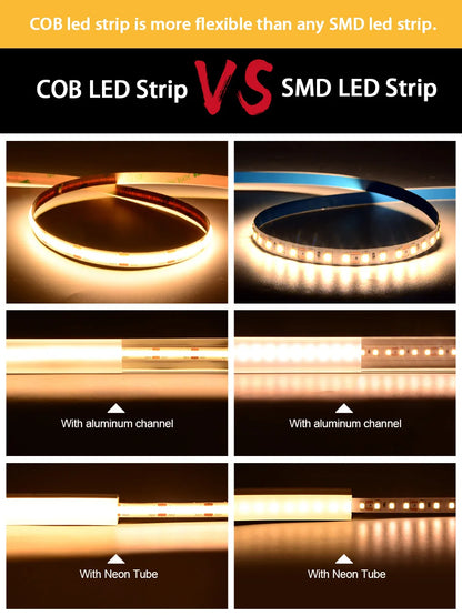 UL Listed COB LED Strip Light 320 480 LEDs/m 16.4ft High Density Flexible Tape Ribbon 3000-6500K RA90 Led Lights DC12V 24V