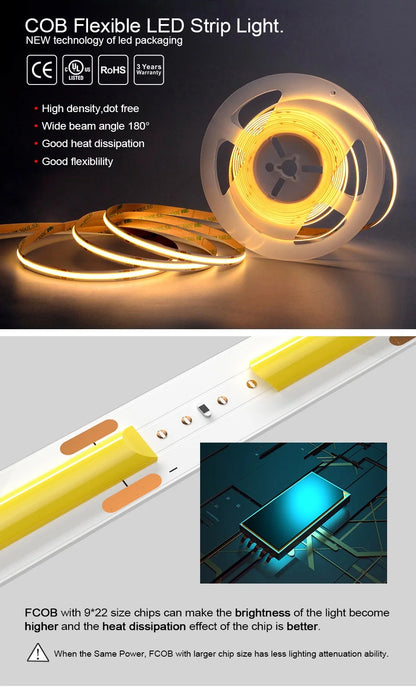 UL Listed COB LED Strip Light 320 480 LEDs/m 16.4ft High Density Flexible Tape Ribbon 3000-6500K RA90 Led Lights DC12V 24V